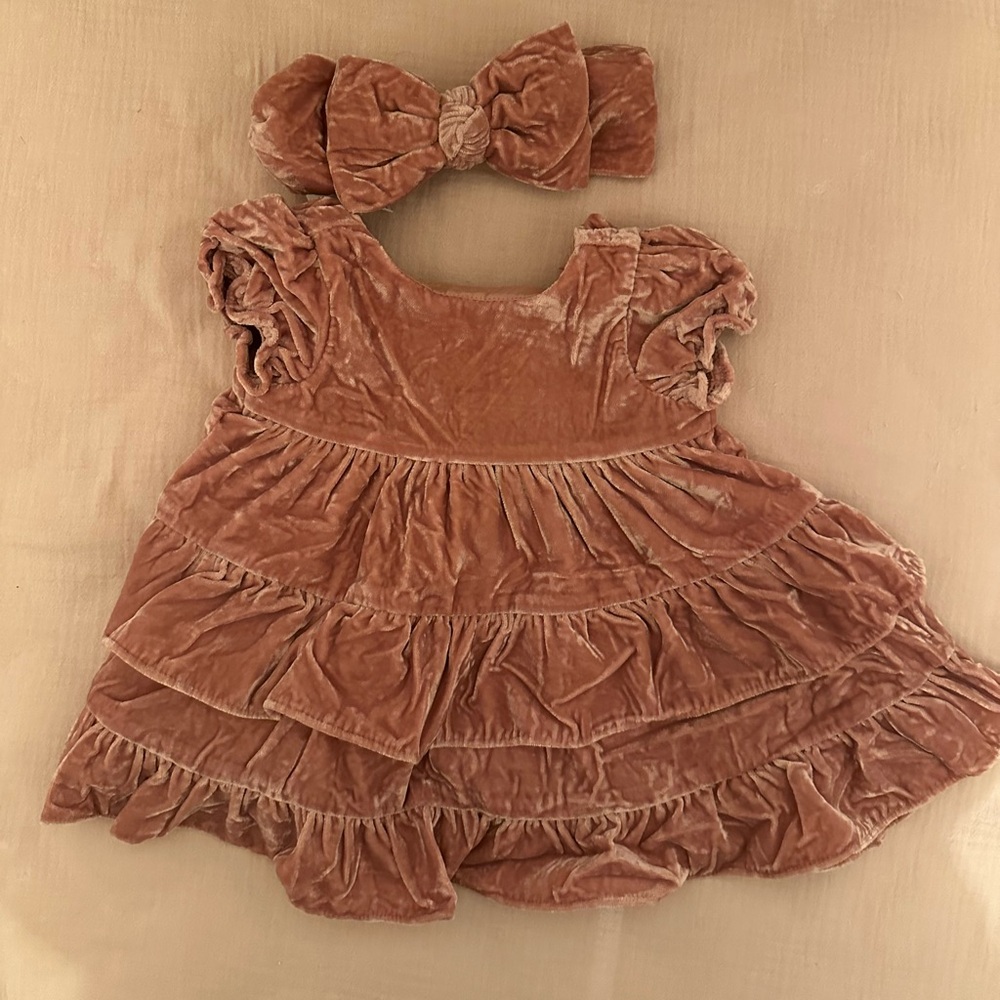 Janie and Jack Velvet Tiered Baby Dress with Matching Bow Headband - Dusty Rose